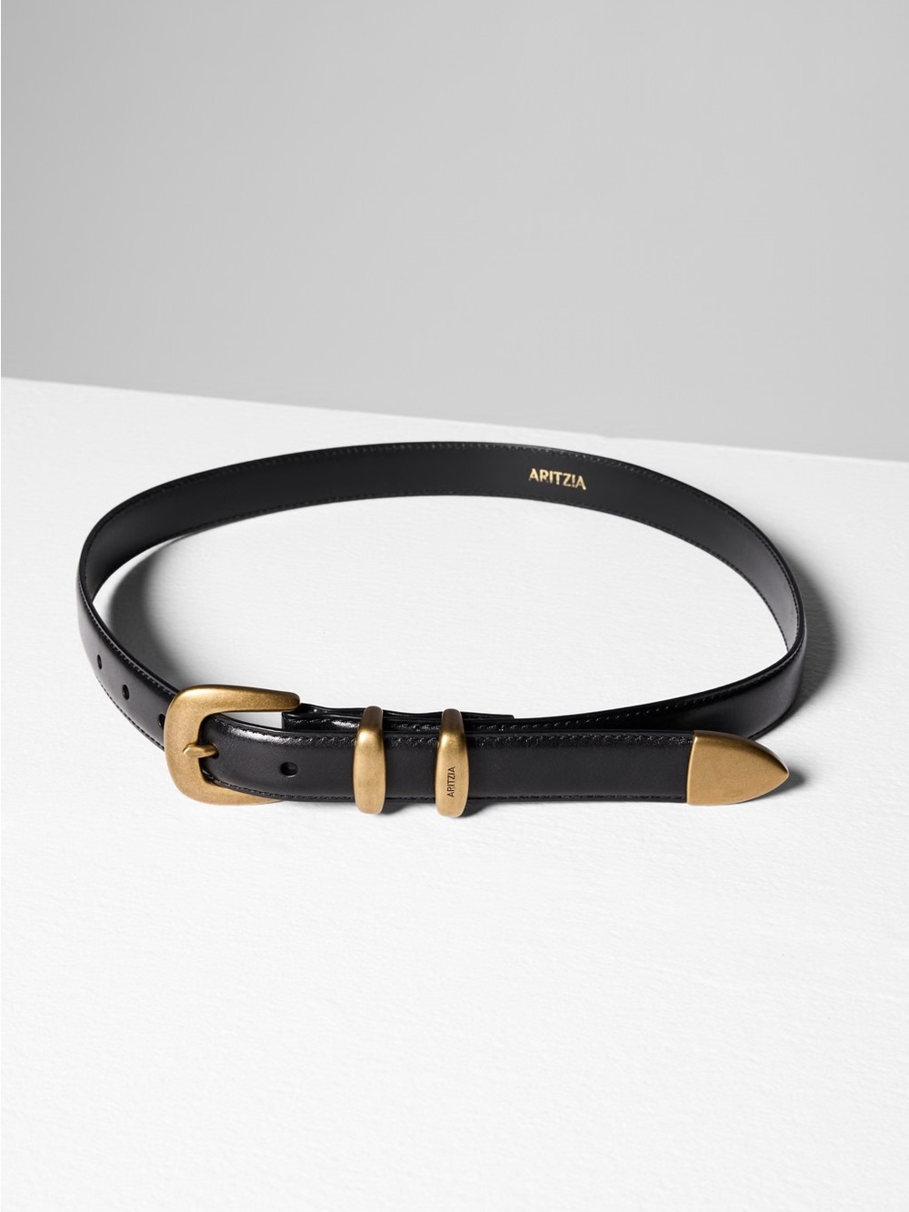 Aritzia Black Leather Belt with Brass-Tone Buckle and Tip